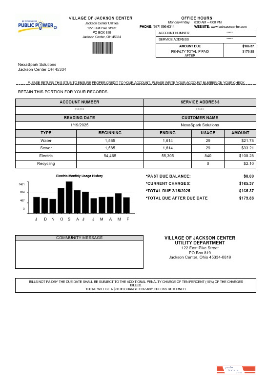 USA Ohio Village of Jackson Center Public Power business utility bill template in Word and PDF formats